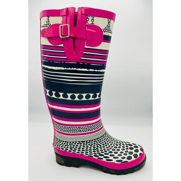 Journee Collection Women’s Rain Boots Size 6 Pink Navy Block Heel Waterproof - Picture 2 of 6
